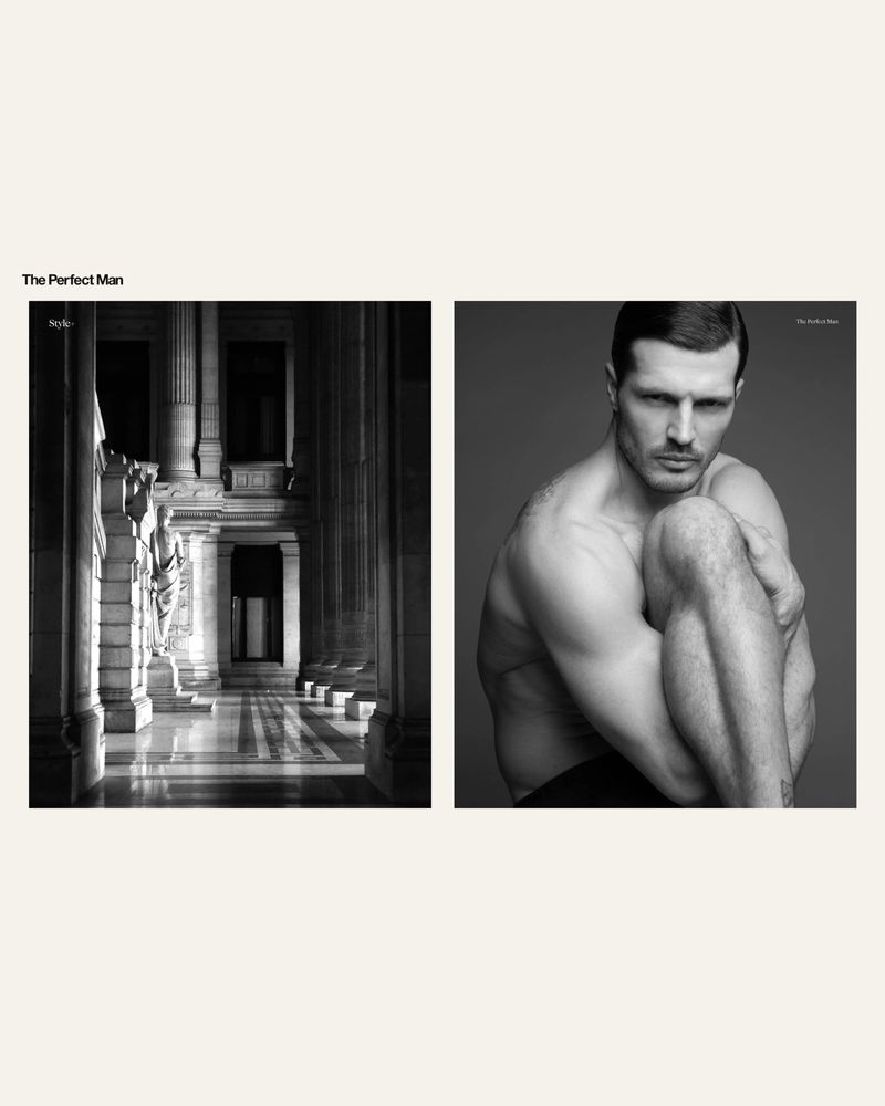 Black and white editorial diptych featuring a classical architectural colonnade beside a shirtless man seated and hugging his knees.