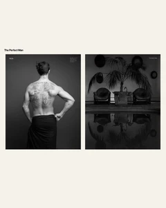 Black and white editorial diptych featuring a tattooed shirtless man from behind alongside an indoor pool reflection.