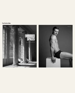 Magazine editorial spread featuring model Diego Miguel in black briefs seated next to a sunlit interior with classical columns.