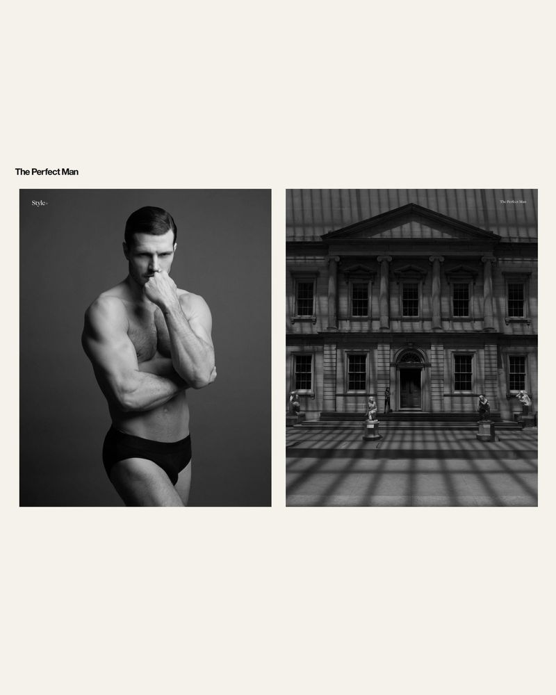 Editorial diptych spread featuring model Diego Miguel in black briefs next to an architectural photograph of a neoclassical building.