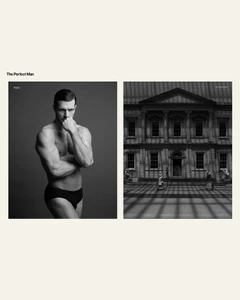 Editorial diptych spread featuring model Diego Miguel in black briefs next to an architectural photograph of a neoclassical building.