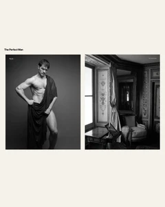 Editorial diptych featuring model Diego Miguel draped in dark fabric beside a black-and-white ornate classical interior.