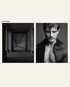 Magazine editorial spread featuring an architectural corridor alongside a black and white portrait of a shirtless man with wet hair.