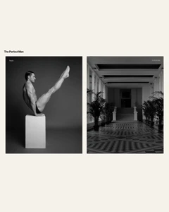 Editorial spread with a male model balancing in a V-sit on a white plinth alongside an architectural interior hallway in black and white.