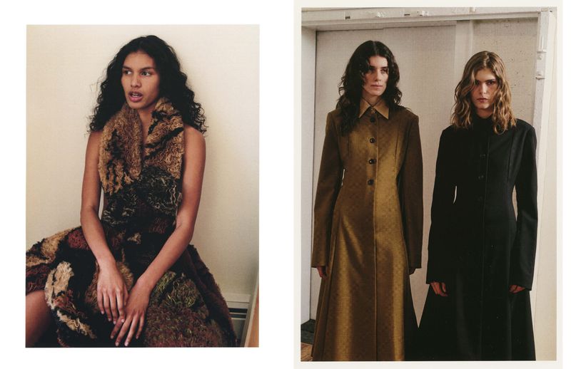 Editorial diptych of three models wearing a textured patchwork dress, long olive coat, and structured black overcoat.