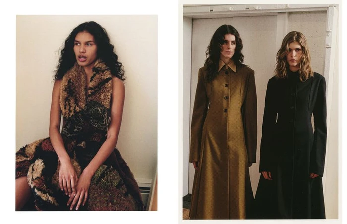 Editorial diptych of three models wearing a textured patchwork dress, long olive coat, and structured black overcoat.