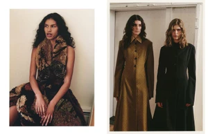 Editorial diptych of three models wearing a textured patchwork dress, long olive coat, and structured black overcoat.