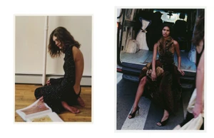 Two-panel fashion editorial spread showing a woman kneeling in a black backless dress and a model seated in the open back of a van.