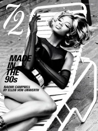 Black and white magazine cover of a woman in sheer black opera gloves reclining on a white sun lounger while holding a cigarette.