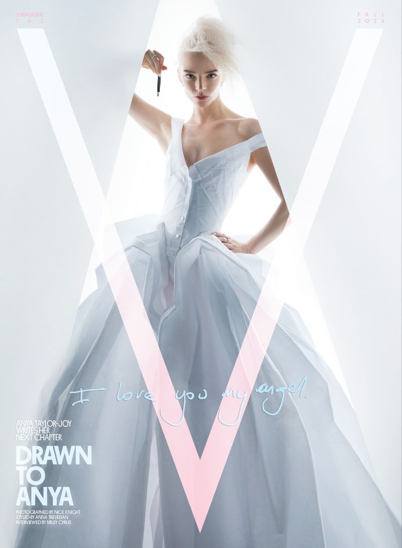 Anya Taylor-Joy posing in a voluminous off-the-shoulder white tulle gown against a bright white background for V Magazine.