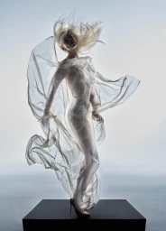 Anya Taylor-Joy posing on a black pedestal draped in translucent billowing fabric against a pale gradient backdrop.
