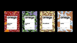 Four Omega Yeast packaging pouches featuring vibrant abstract patterns and clean white labels aligned in a row on a black background.