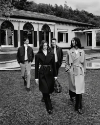 Four models walking on a lawn in front of a classical building for Tods Italian Stories campaign, photographed in black and white by Alasdair McLellan.