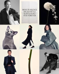 A nine-panel campaign grid for Giorgio Armani featuring Christy Turlington, nature macros, a grey cat, and typography.