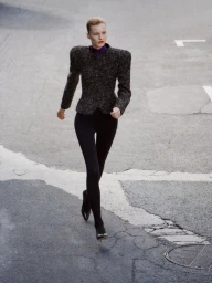Model walking outdoors in a broad-shouldered textured grey jacket, black leggings, and heels on an asphalt street.
