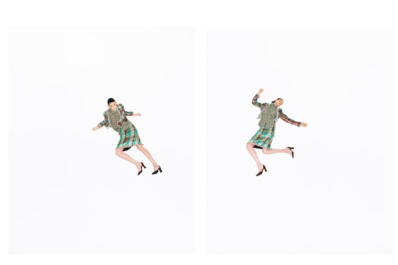 Model Luiza Perote captured in dynamic mid-air poses wearing a green plaid suit set against a clean white seamless studio background.