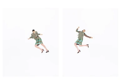 Model Luiza Perote captured in dynamic mid-air poses wearing a green plaid suit set against a clean white seamless studio background.
