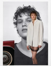 Collage style fashion image featuring a model in a white button-down shirt against a large monochrome background portrait and a car element