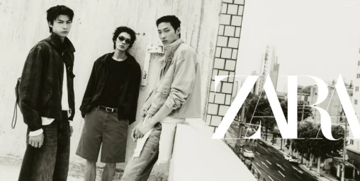 Three male models in casual streetwear posing along an urban rooftop ledge for a Zara campaign.
