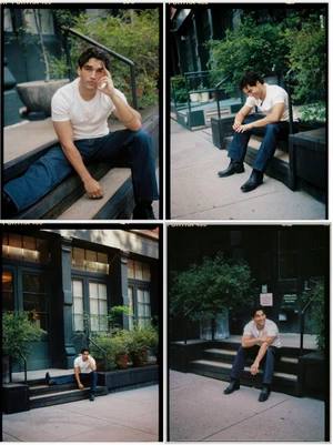 Four-frame photo series of a man in a white t-shirt and blue denim jeans seated on outdoor building steps.