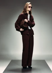 Model wearing dark brown jacket and matching wide-leg trousers with sunglasses, holding a clutch on a studio platform.