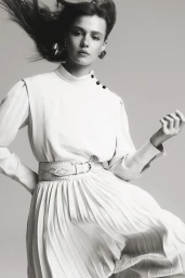 Model Ella McCutcheon wearing a long-sleeved high-neck pleated dress with a wide studded belt against a studio backdrop.