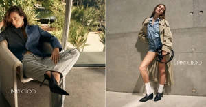 Diptyque image showing two panels featuring Devon Lee Carlson in a blazer and a trench coat for Jimmy Choo.