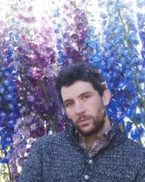 Josh O’Connor posing in a textured grey knit sweater in front of tall purple and blue delphinium flowers.