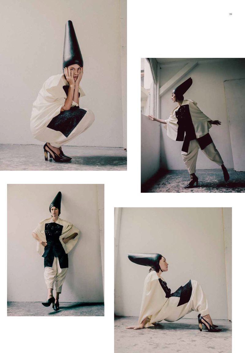 Collage of four fashion editorial photographs showing a model in an off-white draped outfit and tall black conical headpiece.