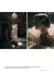 Model Hannah Weber wearing a white pleated dress with a structured ruff collar in an editorial spread for Vanity Fair Italia.