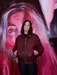 Woman in a burgundy leather jacket standing in front of a large expressive pink painted portrait.