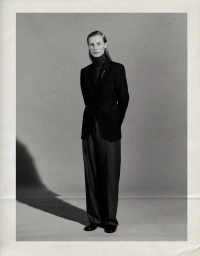 Model Julia Nobis standing in a tailored dark blazer and wide-leg trousers against a neutral grey studio backdrop.