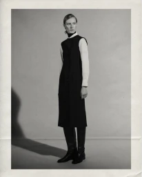 Julia Nobis wearing a black midi vest dress over a white collared shirt and black leather boots against a grey studio backdrop.