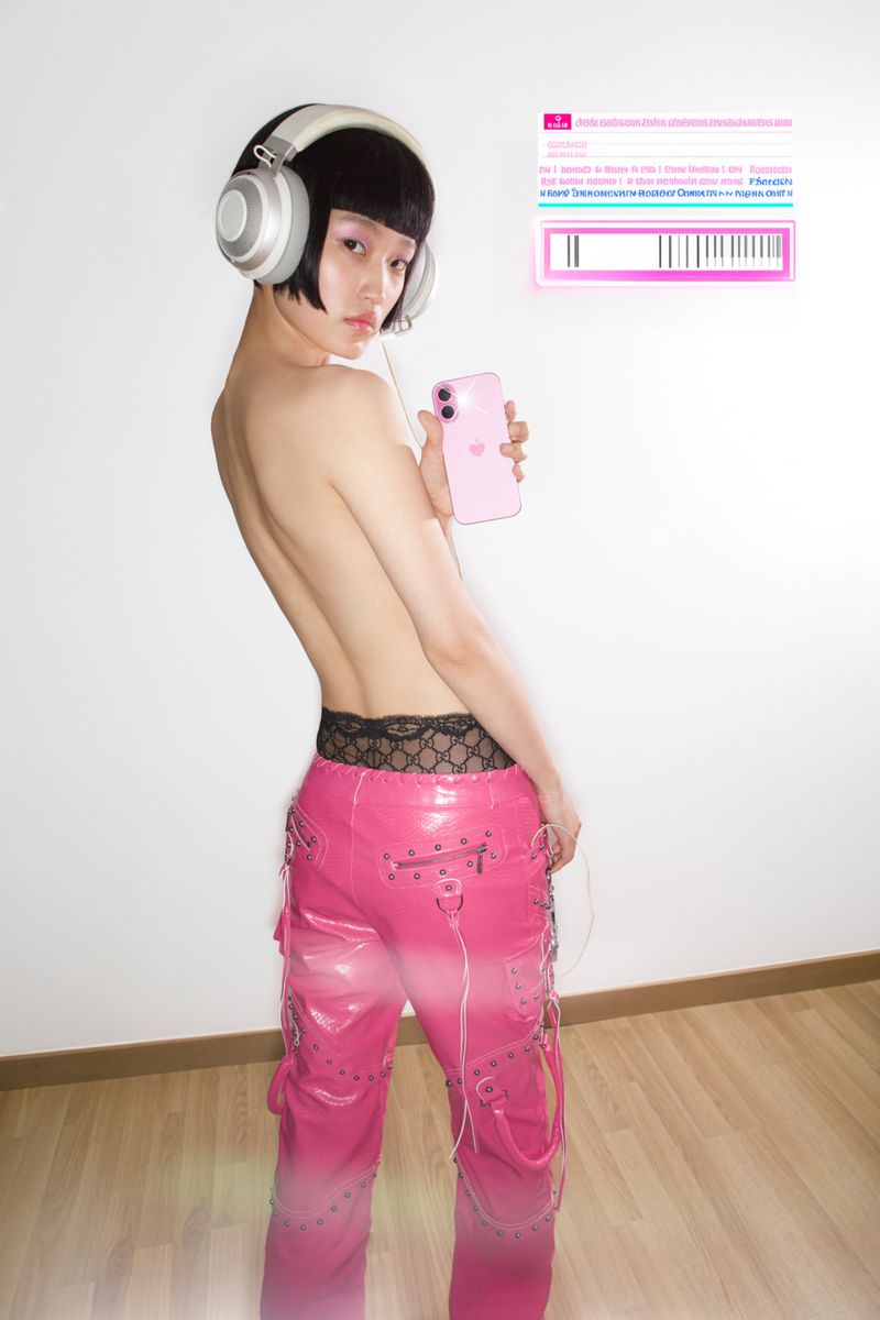 Non-binary fashion model poses in pink PVC pants and lace, wearing headphones and holding pink phone in a studio setting.