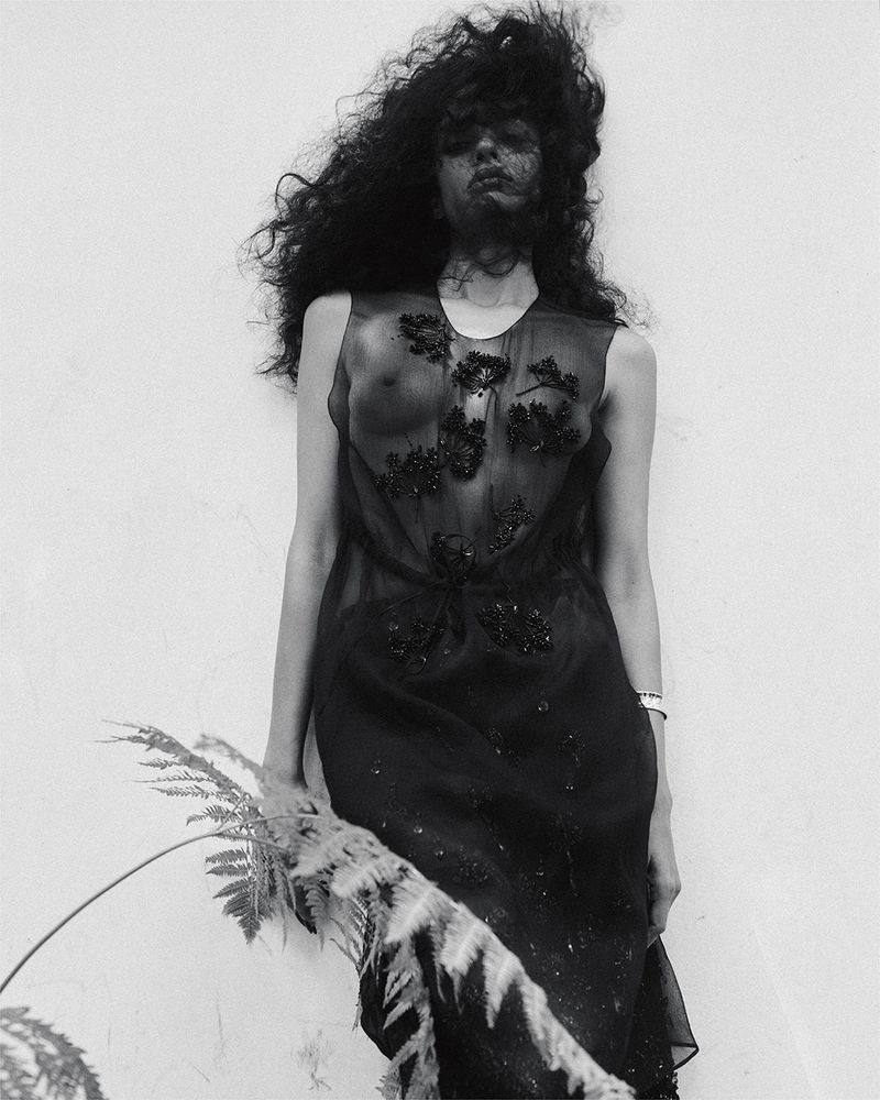 Model with voluminous dark hair wearing a sheer black floral-embroidered dress leaning against a wall behind fern leaves.