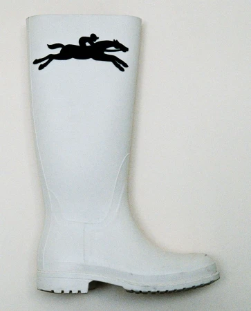 White rubber rain boot featuring a black horse and rider silhouette graphic against a plain white background.