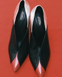 Top-down view of black Isabel Marant pointed-toe shoes with pink snakeskin accents placed on a solid red surface.