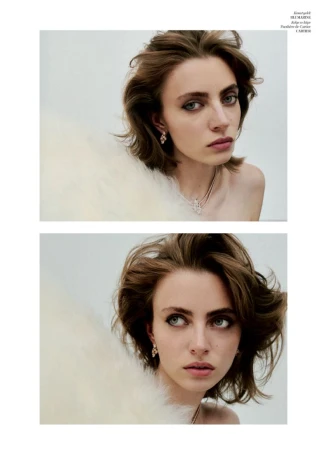 Model Patrycja Piekarska posing in two stacked editorial portraits wearing diamond jewellery and a white feathery garment.
