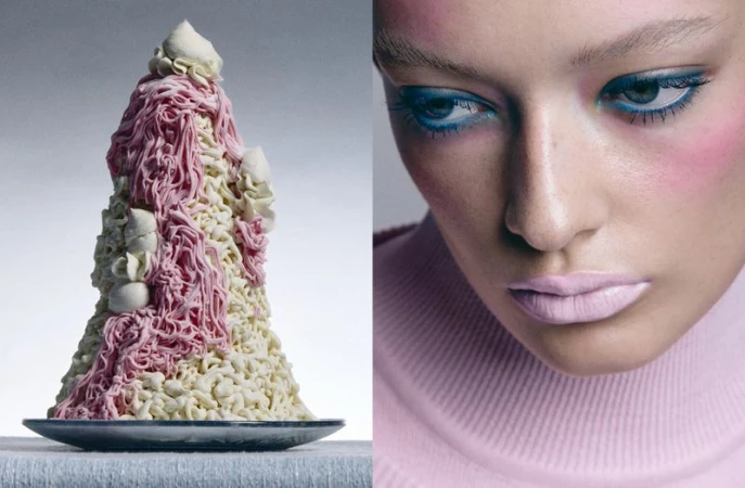 Diptych pairing a tall pink and cream piped dessert on a plate with a close-up beauty portrait of a woman wearing blue eyeliner.