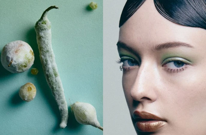 Close-up beauty portrait of a woman with green eyeshadow beside frosted green chili peppers against a pale green background.