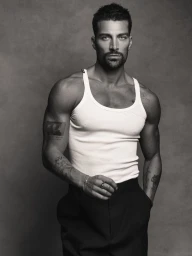 Monochrome portrait of model Simone Susinna wearing a white tank top and dark trousers against a textured studio background.