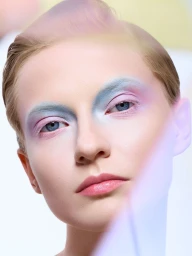 Close-up portrait of a woman with pastel blue and pink eye makeup and pink lipstick for Harper's Bazaar Serbia SANJIVI OBRISI PASTELA.