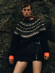 Model wearing a patterned knit sweater and black kilt miniskirt with safety pin posing against a dark rock surface.