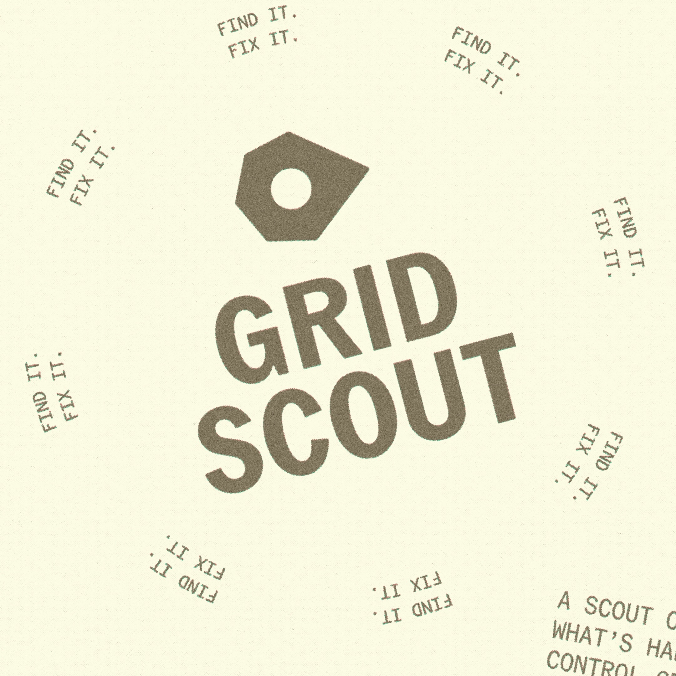 GridScout logo design featuring a geometric pin icon and bold angled typography surrounded by repeating text on a cream background.