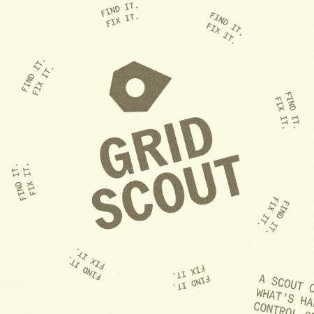 GridScout logo design featuring a geometric pin icon and bold angled typography surrounded by repeating text on a cream background.