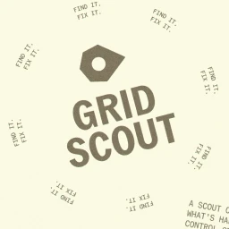 GridScout brand identity graphic featuring dark typography and a geometric pin logo on a cream background with 'FIND IT. FIX IT.' text.