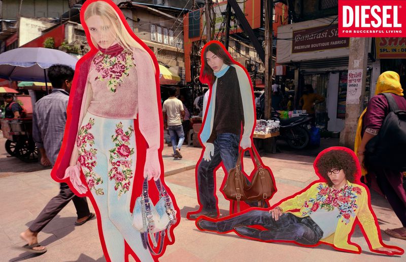 Fashion models cut out with bold red outlines superimposed onto a busy urban street scene for the Diesel F/W 2026 campaign.