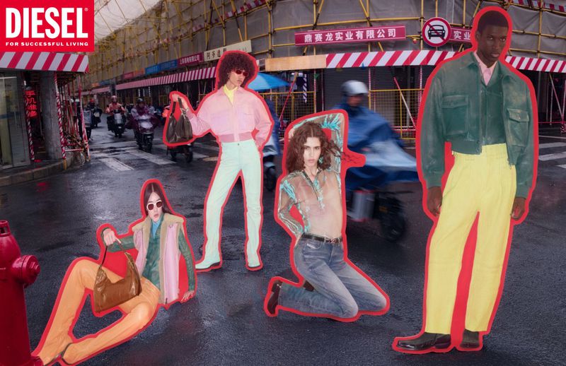 Four fashion models cut out with red outlines superimposed over a rainy urban street for Diesel.