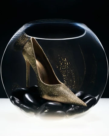Gold crystal-embellished high heel pump resting on smooth black stones inside a round glass bowl against a dark studio background.
