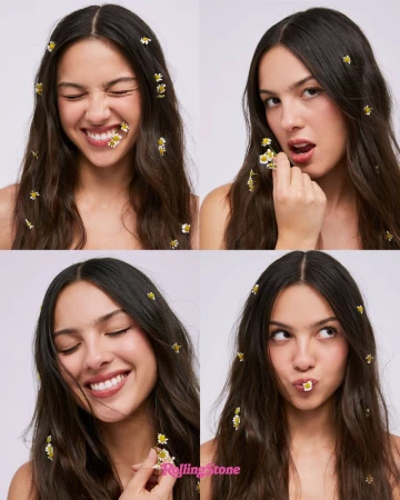 Four-panel portrait of a woman with small daisy flowers woven into her long dark hair and playful facial expressions against a pale backdrop.